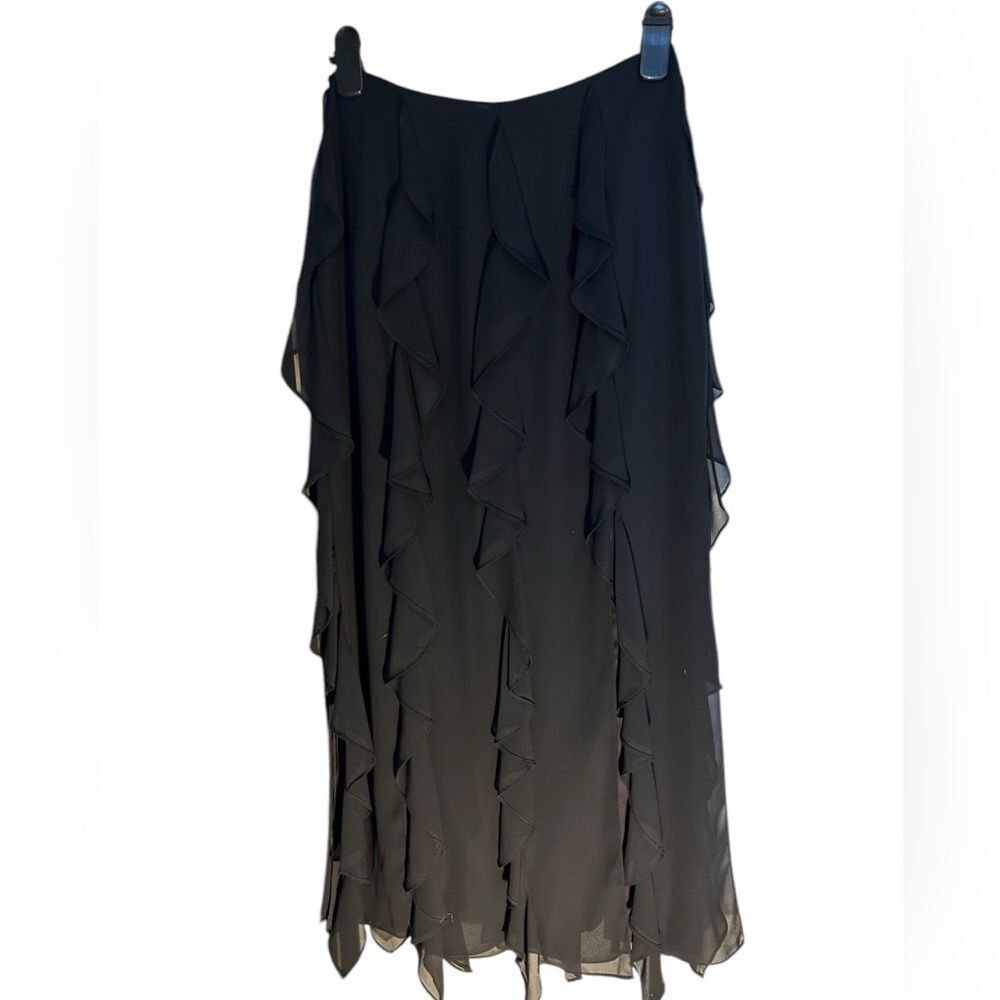 New Xscape Black Tiered Ruffle Semi Sheer Feminine Witchy Romantic Maxi Skirt 8 - Picture 2 of 11